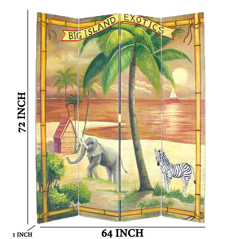 Wooden 4 Panel Room Divider with Ocean and Beach Scene, Multicolor-zoom-