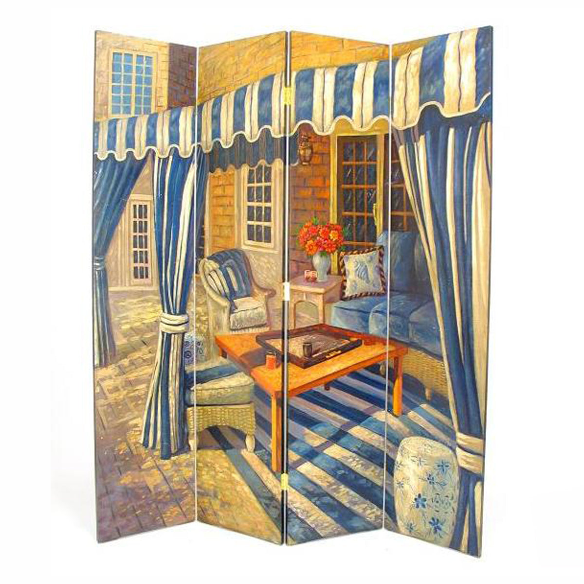 Wooden 4 Panel Room Divider with Outdoor Patio Scene, Multicolor-zoom-1