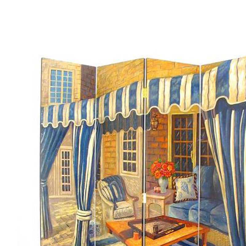 Wooden 4 Panel Room Divider with Outdoor Patio Scene, Multicolor-zoom-