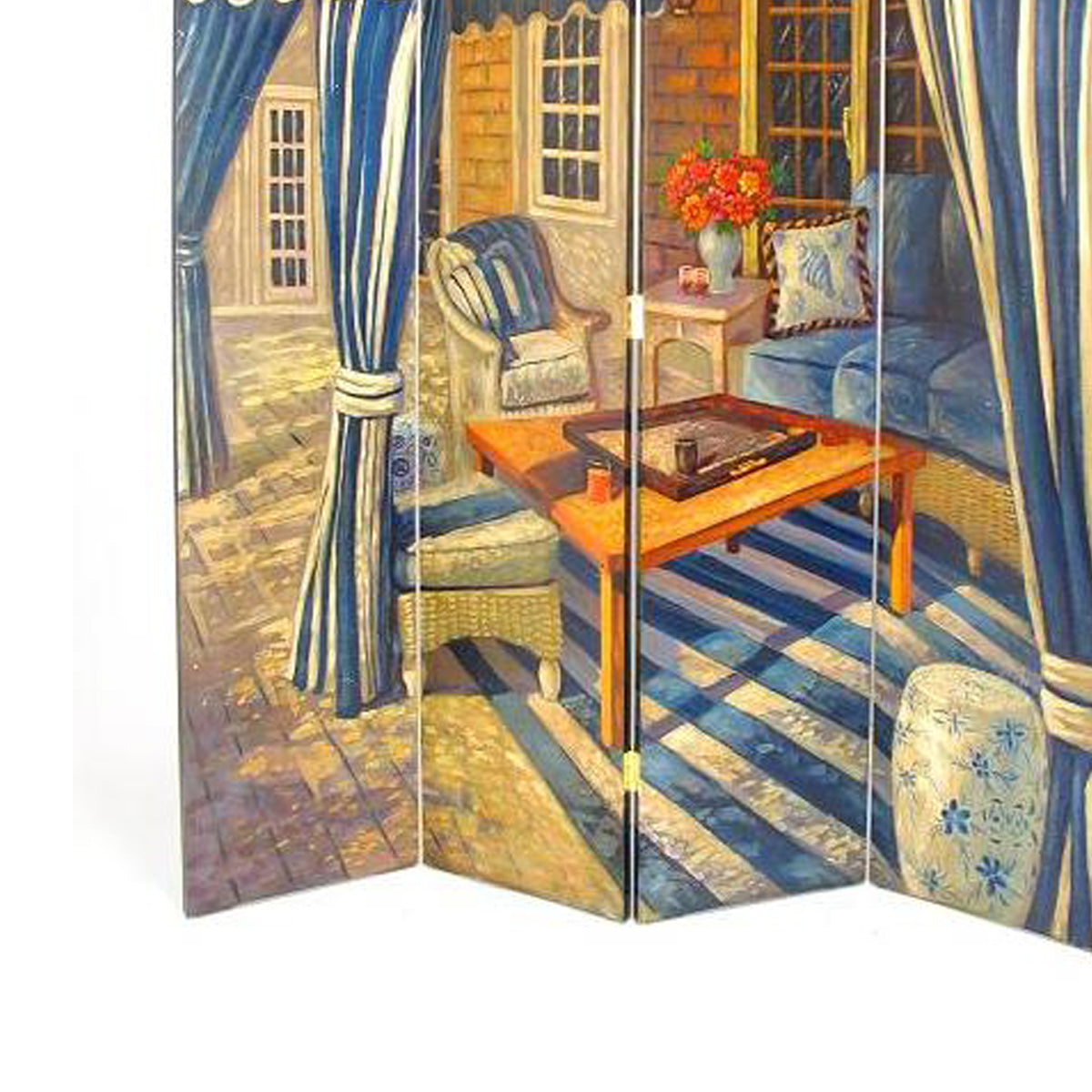 Wooden 4 Panel Room Divider with Outdoor Patio Scene, Multicolor-zoom-3