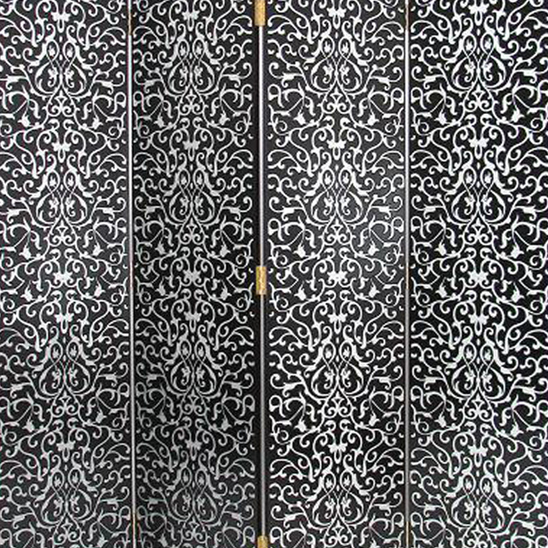 Wooden 4 Panel Room Divider with Scrolling Motifs, Black and Silver-zoom-