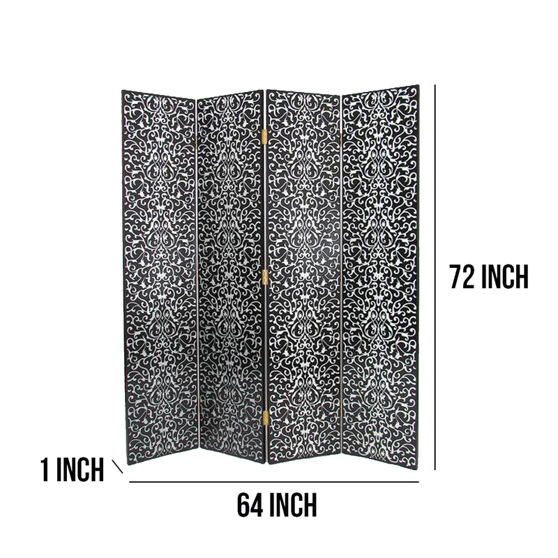Wooden 4 Panel Room Divider with Scrolling Motifs, Black and Silver-zoom-