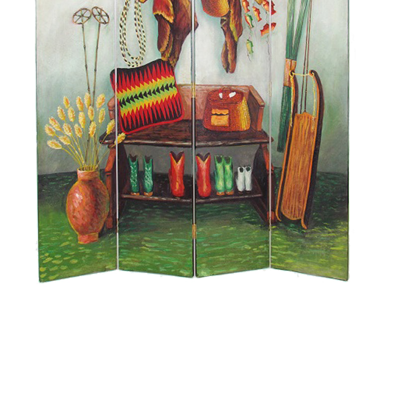 Wooden 4 Panel Room Divider with Cowboy Stuff Pictures, Multicolor-zoom-