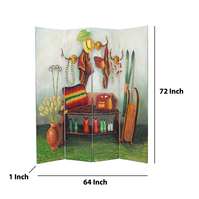 Wooden 4 Panel Room Divider with Cowboy Stuff Pictures, Multicolor-zoom-