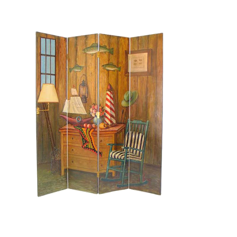 Wooden 4 Panel Room Divider with Sea and Marine Life Theme, Multicolor-zoom-