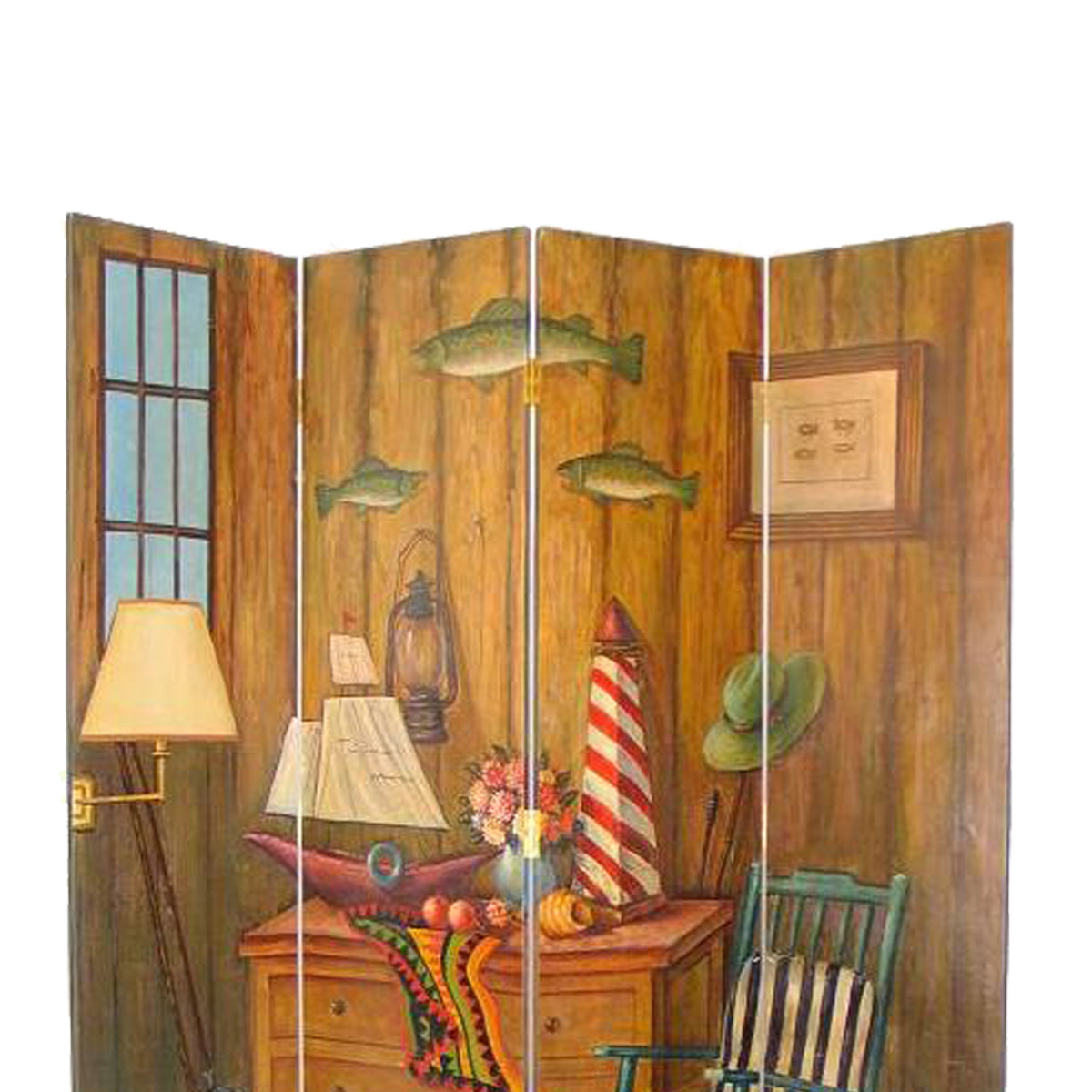 Wooden 4 Panel Room Divider with Sea and Marine Life Theme, Multicolor