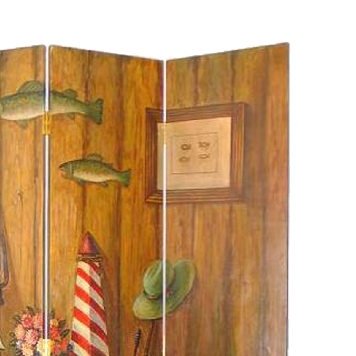 Wooden 4 Panel Room Divider with Sea and Marine Life Theme, Multicolor-zoom-3