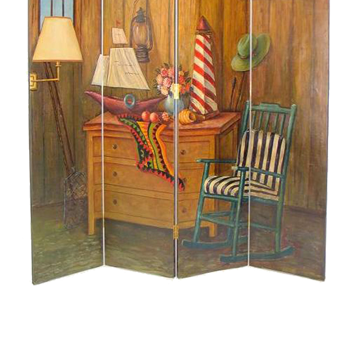Wooden 4 Panel Room Divider with Sea and Marine Life Theme, Multicolor-zoom-4