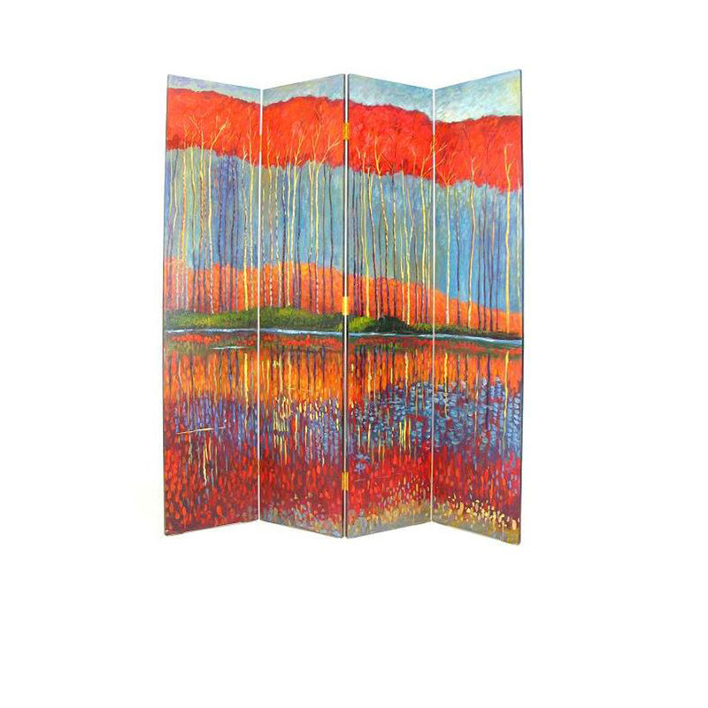 Wooden 4 Panel Room Divider with Forest Theme, Multicolor-zoom-