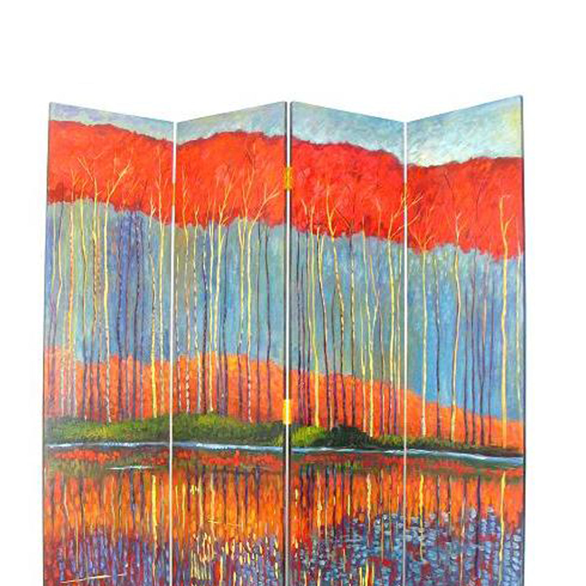 Wooden 4 Panel Room Divider with Forest Theme, Multicolor