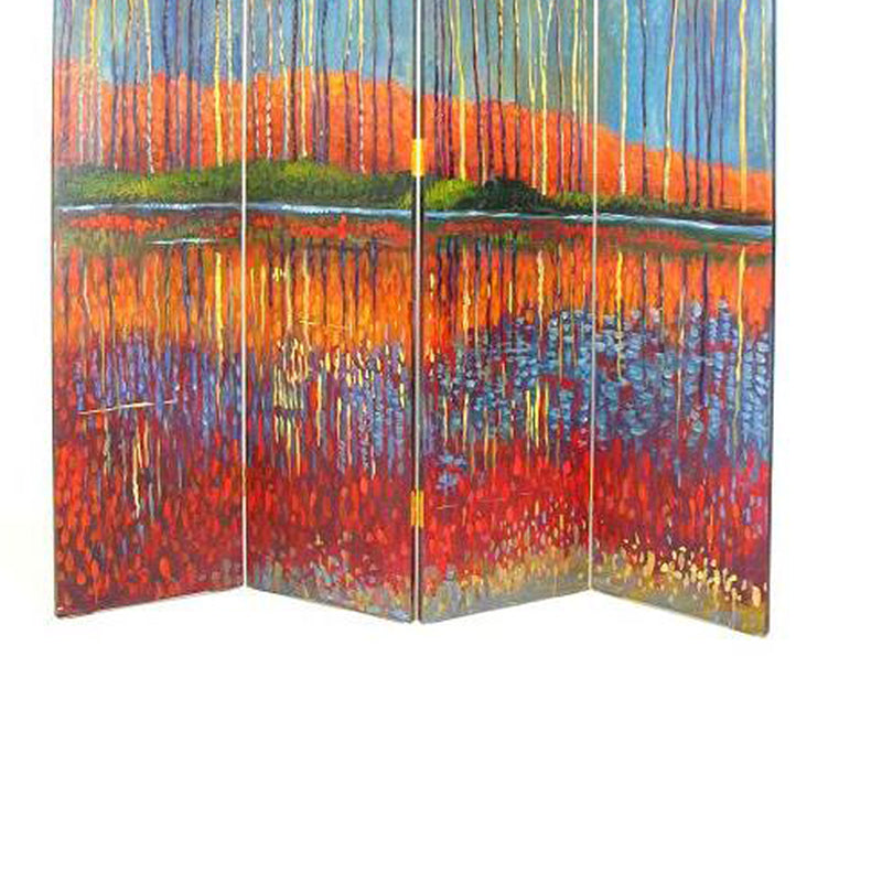Wooden 4 Panel Room Divider with Forest Theme, Multicolor-zoom-