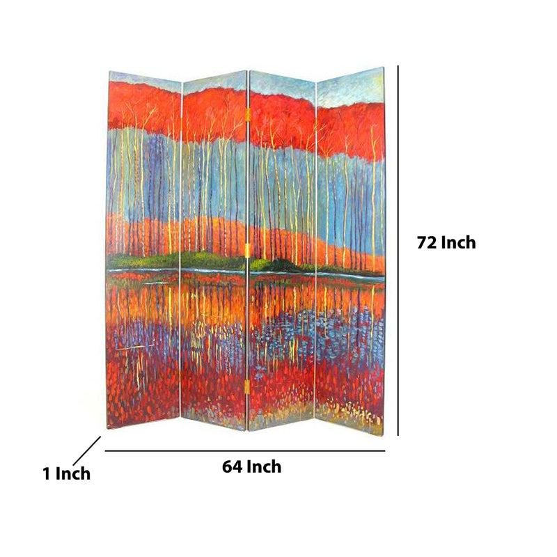 Wooden 4 Panel Room Divider with Forest Theme, Multicolor-zoom-