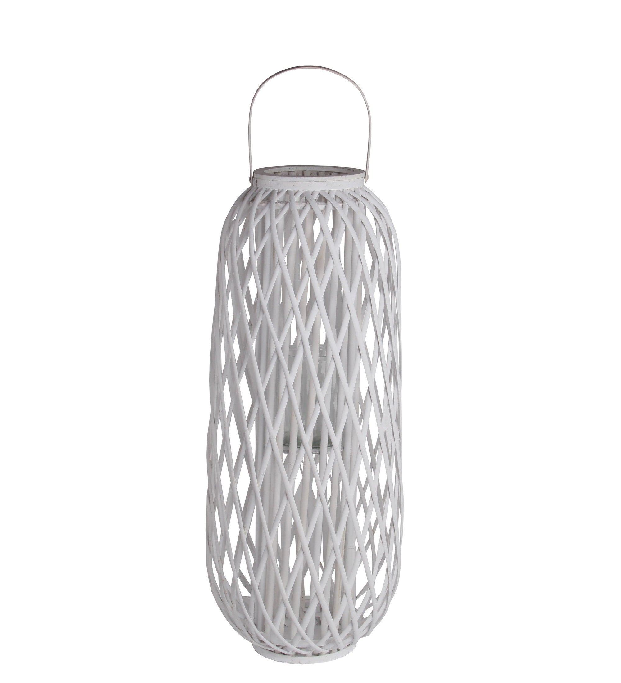 Lattice Design Bamboo Lantern With Glass Candle Holder Large White