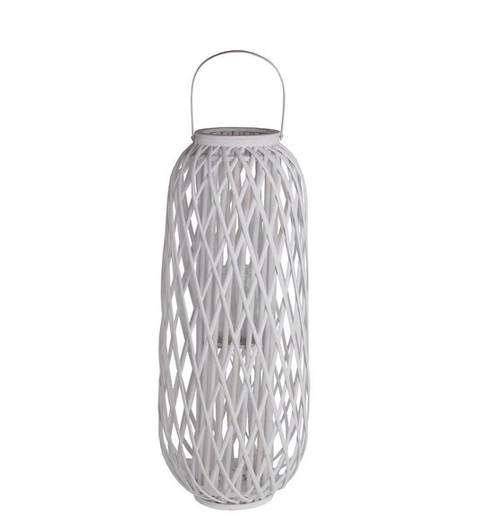 Lattice Design Bamboo Lantern With Glass Candle Holder Large White