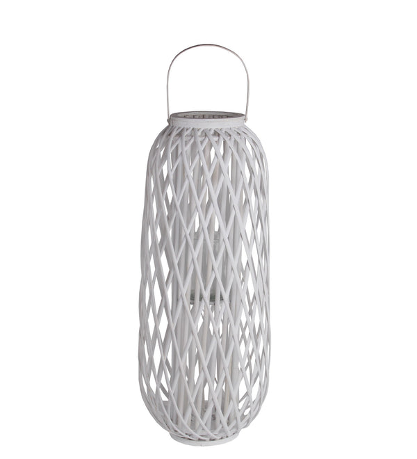 Lattice Design Bamboo Lantern With Glass Candle Holder Large White