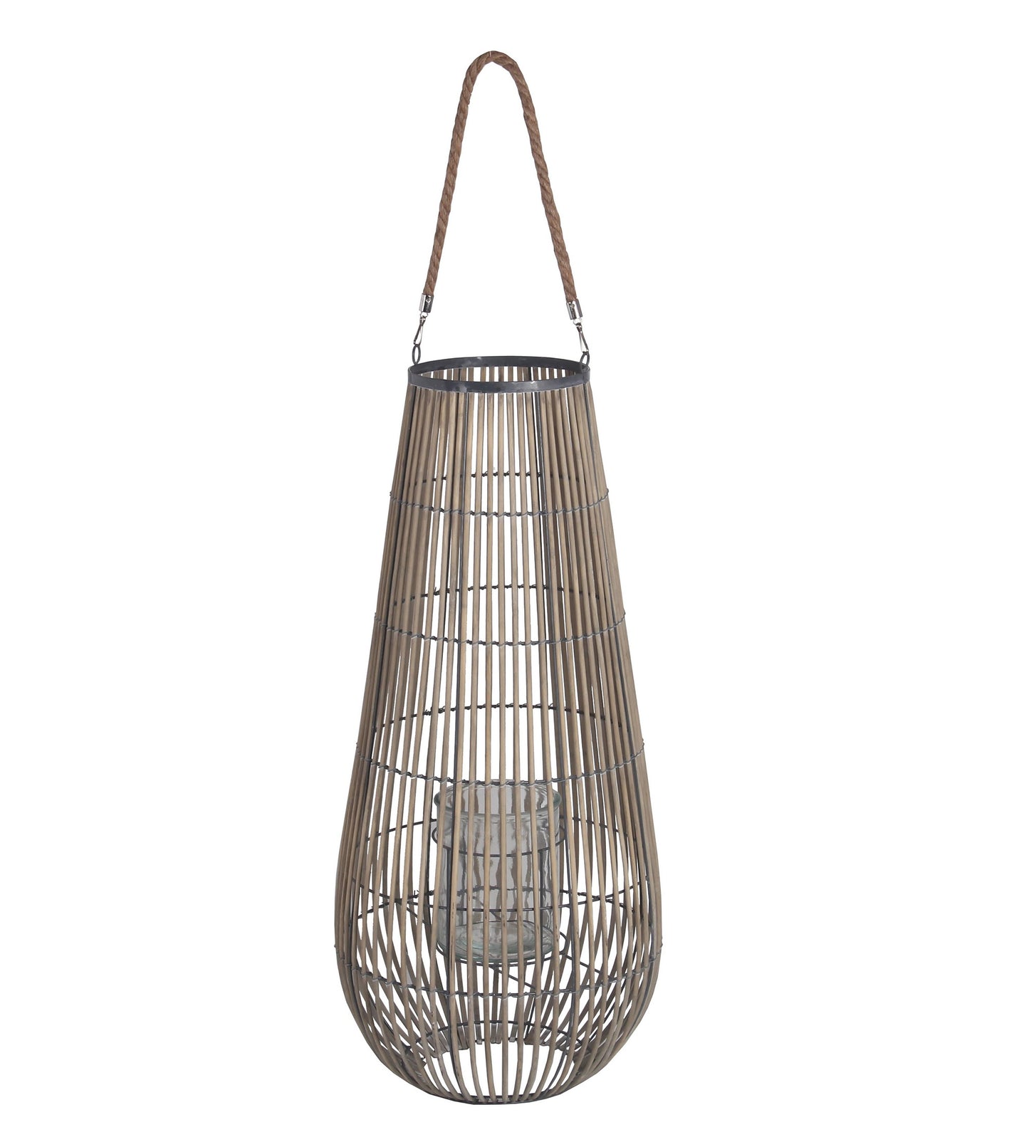 Bellied Shape Bamboo Lantern With Open Cage Design And Rope Handle Gray