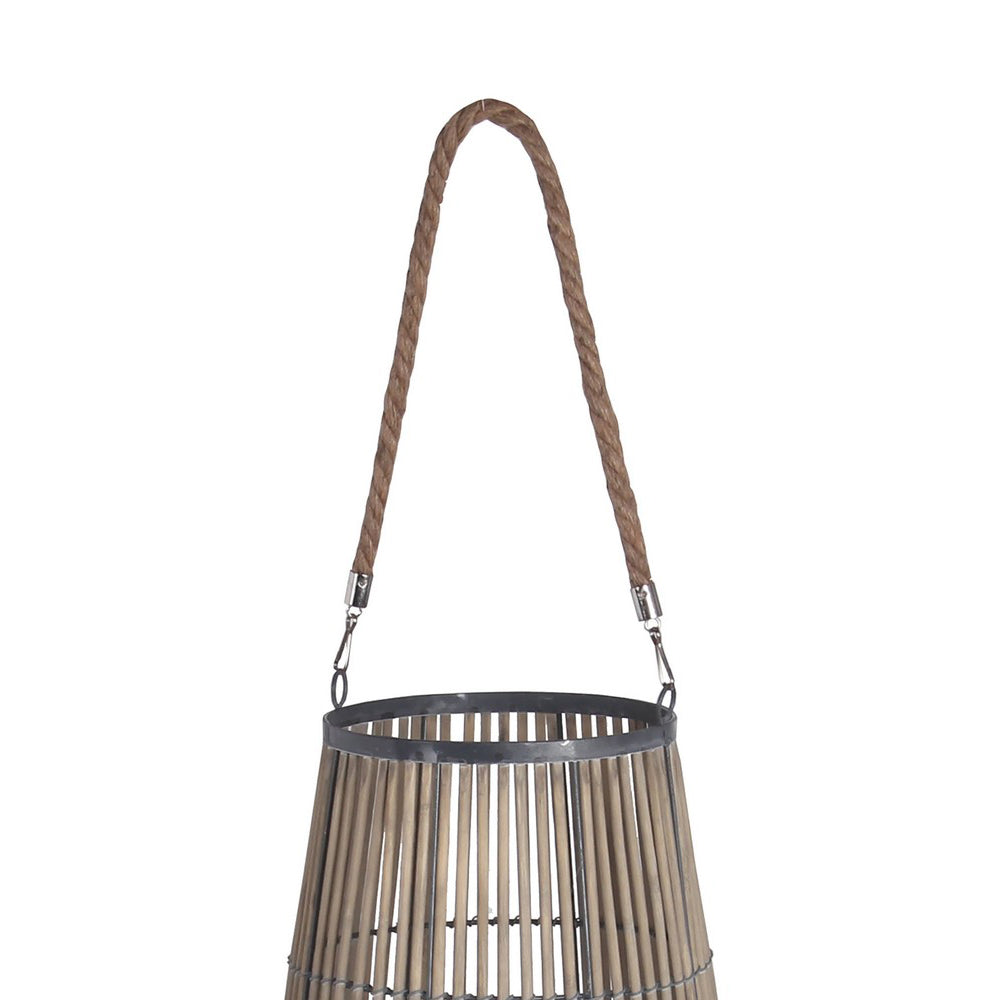 Bellied Shape Bamboo Lantern With Open Cage Design And Rope Handle Gray