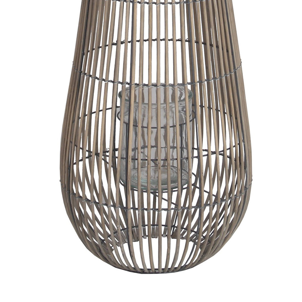 Bellied Shape Bamboo Lantern With Open Cage Design And Rope Handle Gray