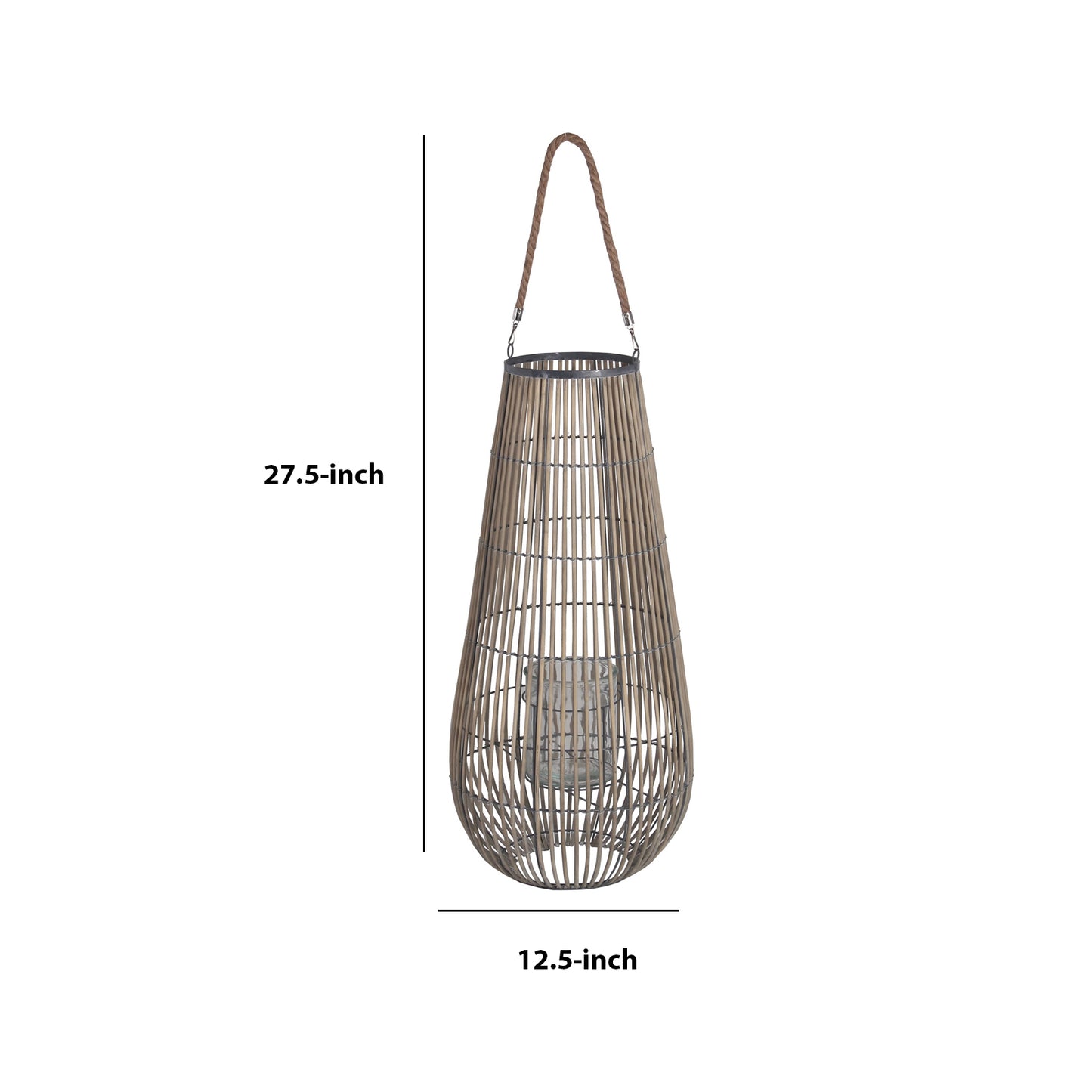 Bellied Shape Bamboo Lantern With Open Cage Design And Rope Handle Gray