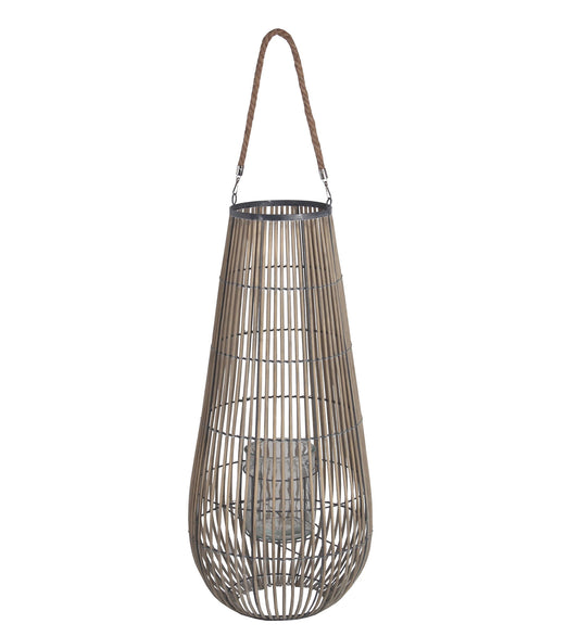 Bellied Shape Bamboo Lantern With Open Cage Design And Rope Handle Gray