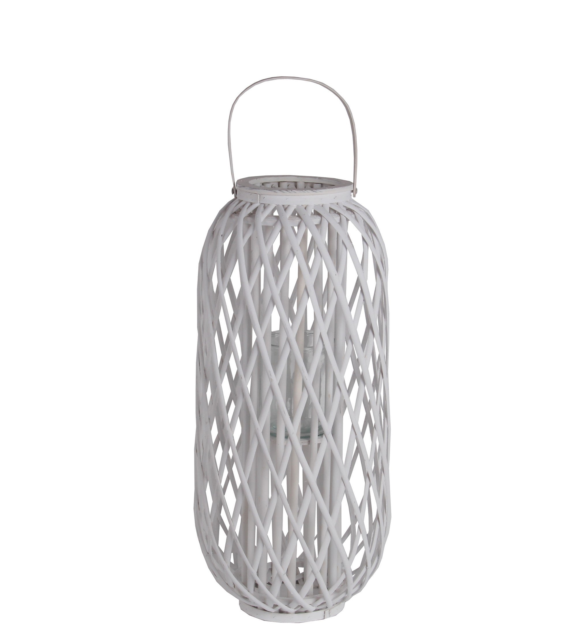 Bellied Shaped Bamboo Lantern With Open Lattice Design Medium White