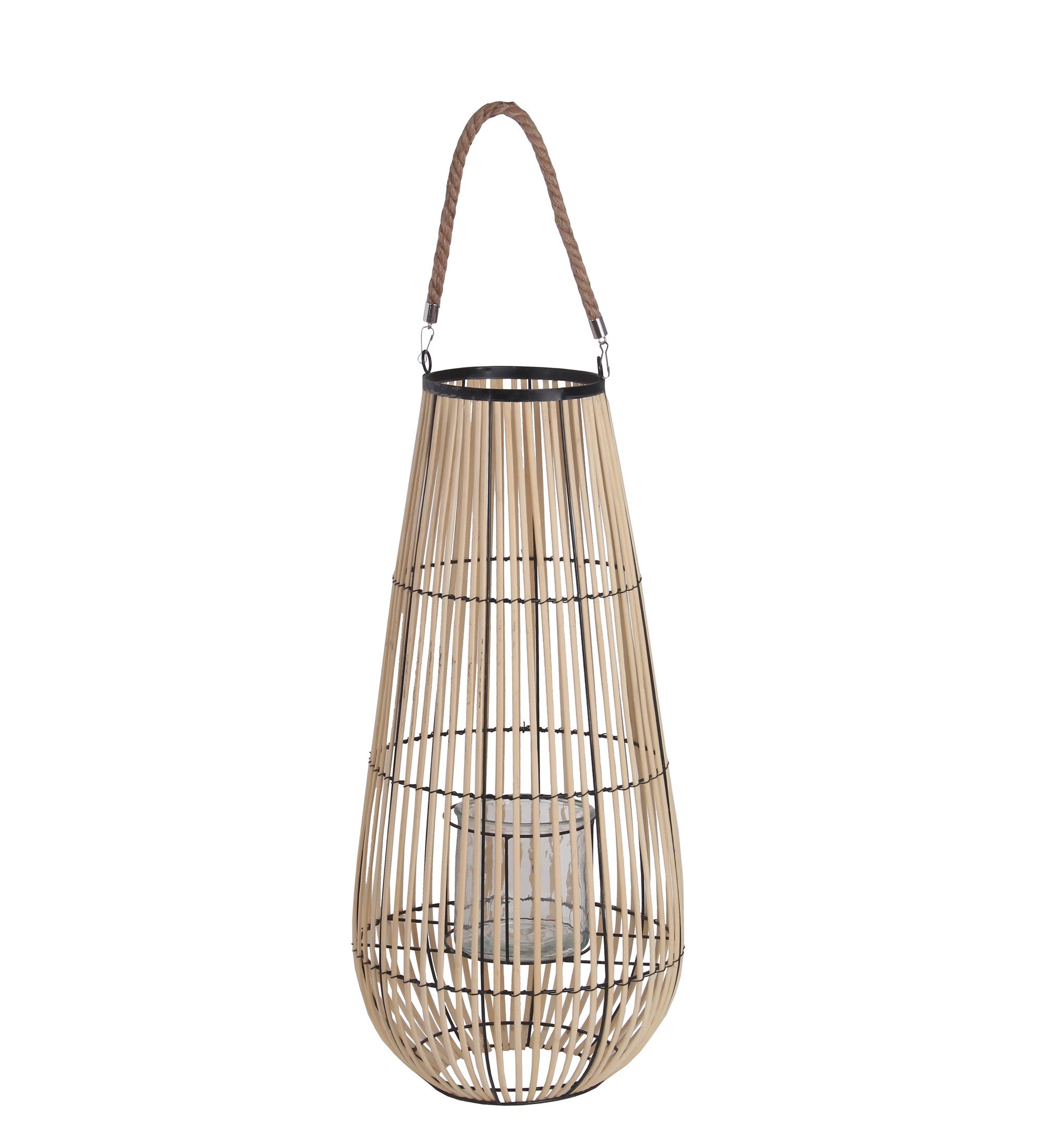 Cage Design Bamboo Lantern With Rope Hanger Medium Brown