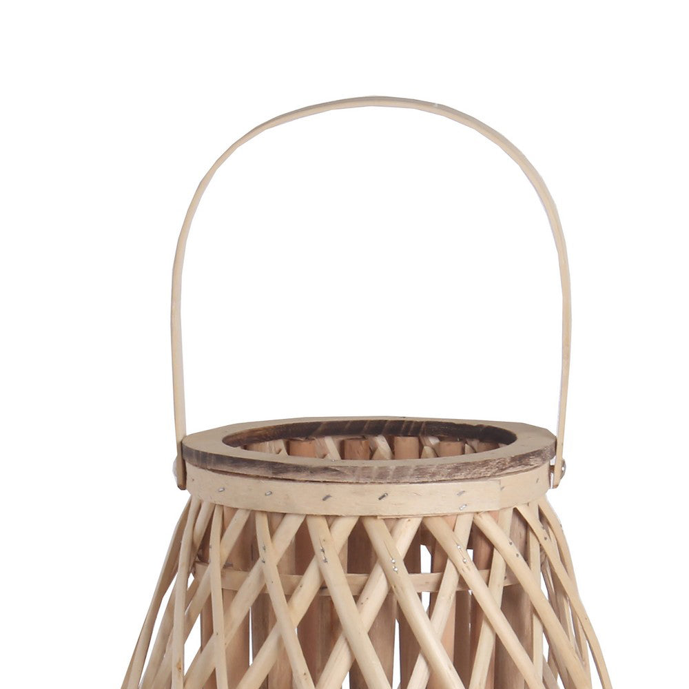 Bellied Bamboo Lantern With Lattice Design And Handle Large Brown
