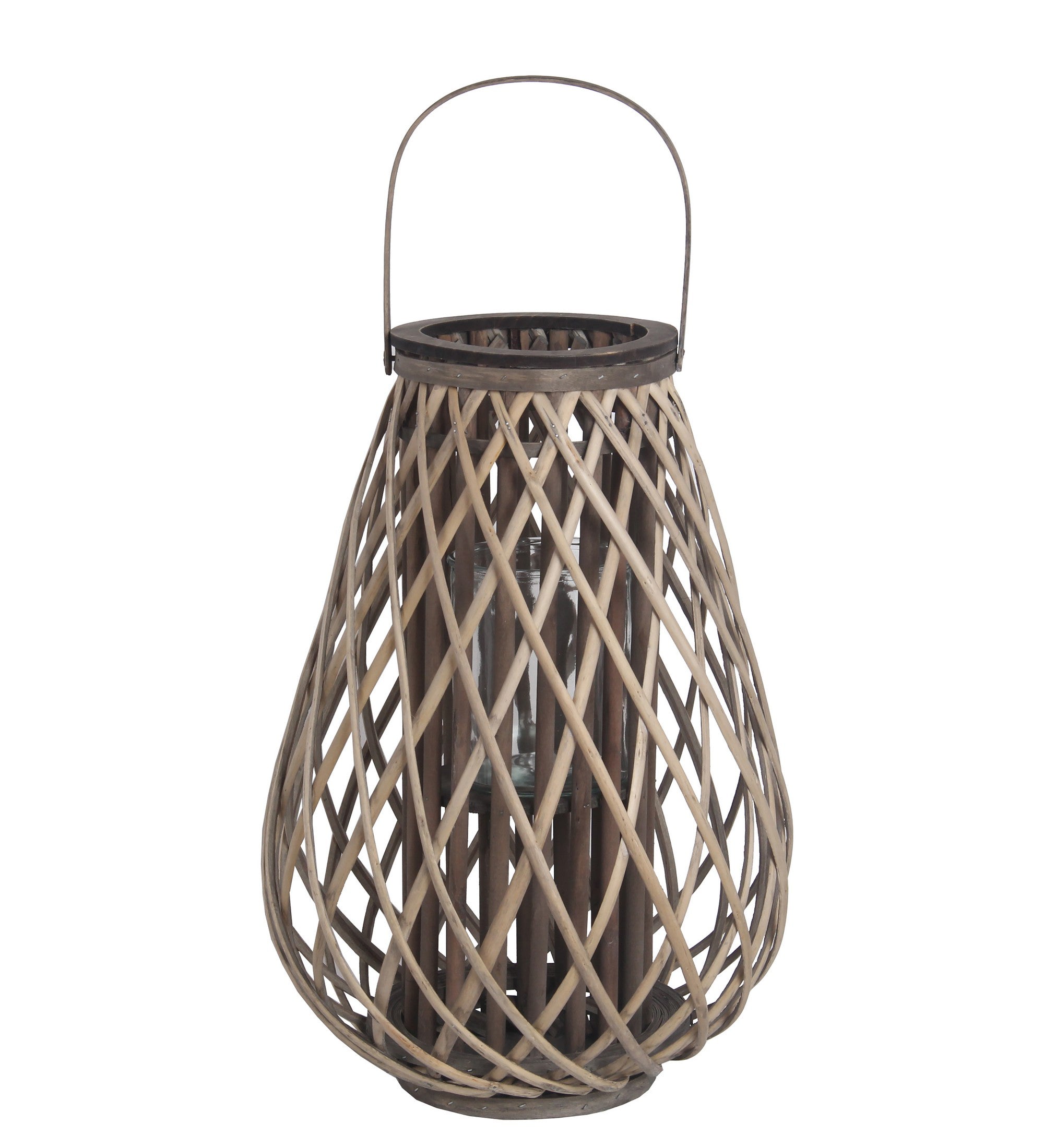 Bellied Bamboo Lantern With Lattice Design And Handle Large Gray