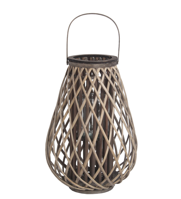 Bellied Bamboo Lantern With Lattice Design And Handle Large Gray