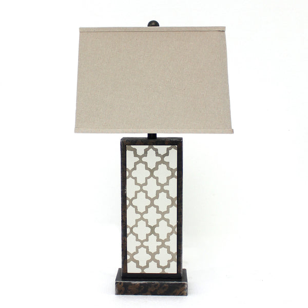 Rock Base Table Lamp with Drum Shade and Quatrefoil Pattern Brown