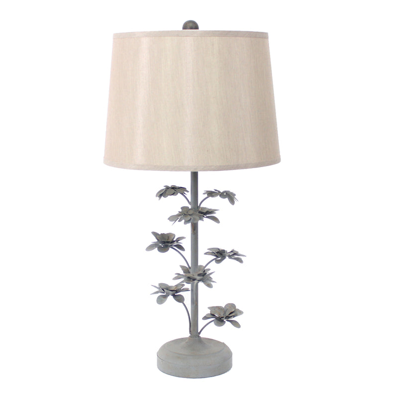 Flower Tree Design Metal Table Lamp with Tapered Drum Shade Gray and Beige-zoom-