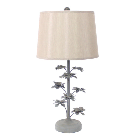 Flower Tree Design Metal Table Lamp with Tapered Drum Shade Gray and Beige