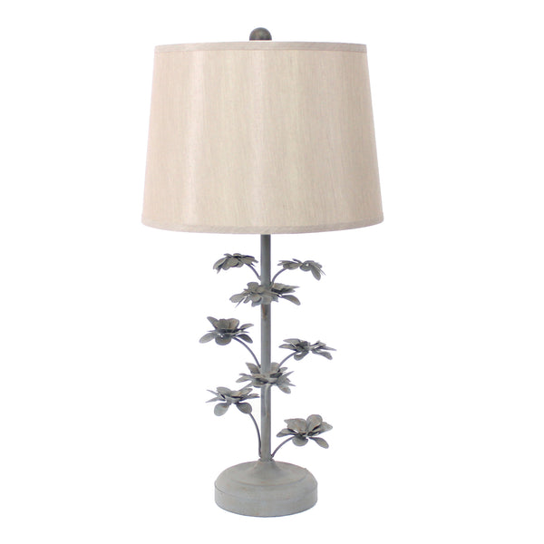 Flower Tree Design Metal Table Lamp with Tapered Drum Shade Gray and Beige