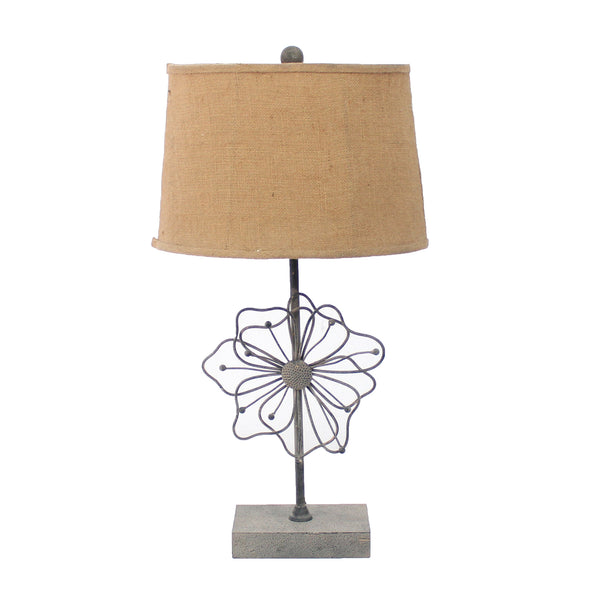 Metal Table Lamp with Flower Accent and Block Base Beige and Gray
