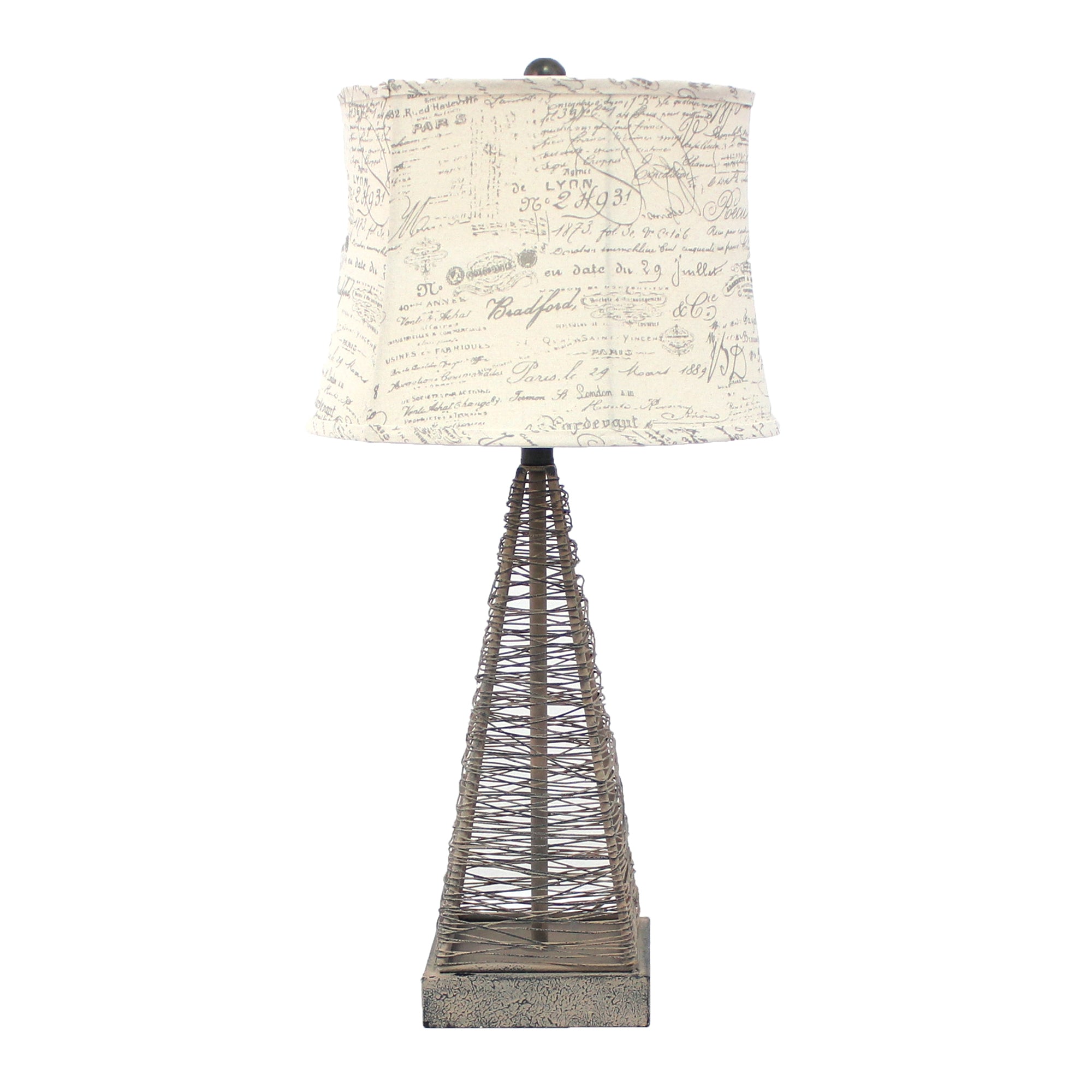 Metal Pyramid Base Table Lamp with Wire Design and Scripted Shade Gray-zoom-1