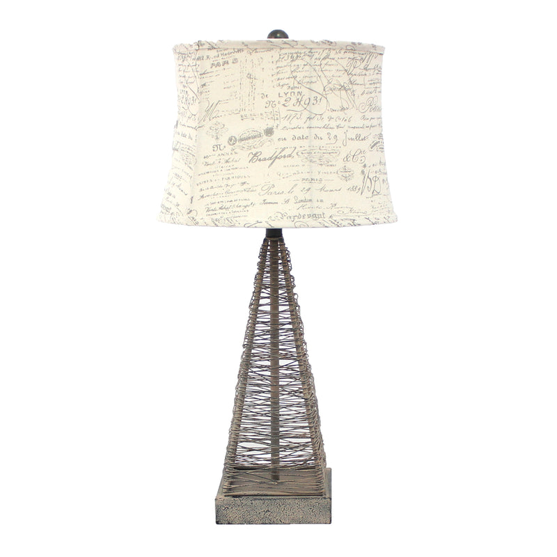 Metal Pyramid Base Table Lamp with Wire Design and Scripted Shade Gray-zoom-