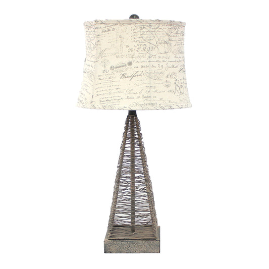 Metal Pyramid Base Table Lamp with Wire Design and Scripted Shade Gray