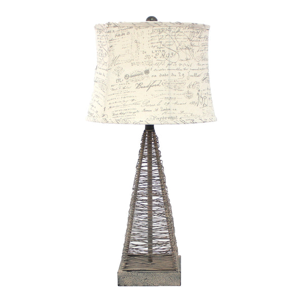 Metal Pyramid Base Table Lamp with Wire Design and Scripted Shade Gray