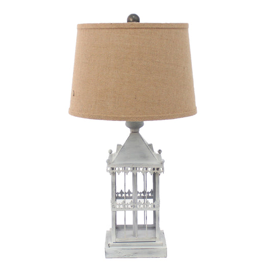 Metal Temple Design Base Table Lamp with Fabric Shade Beige and Gray