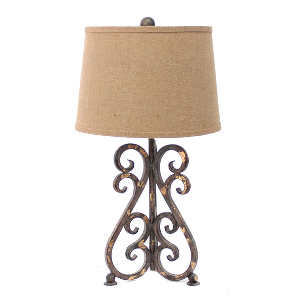 Metal Table Lamp with Scroll Design Base and 2 Way Switch Bronze and Beige