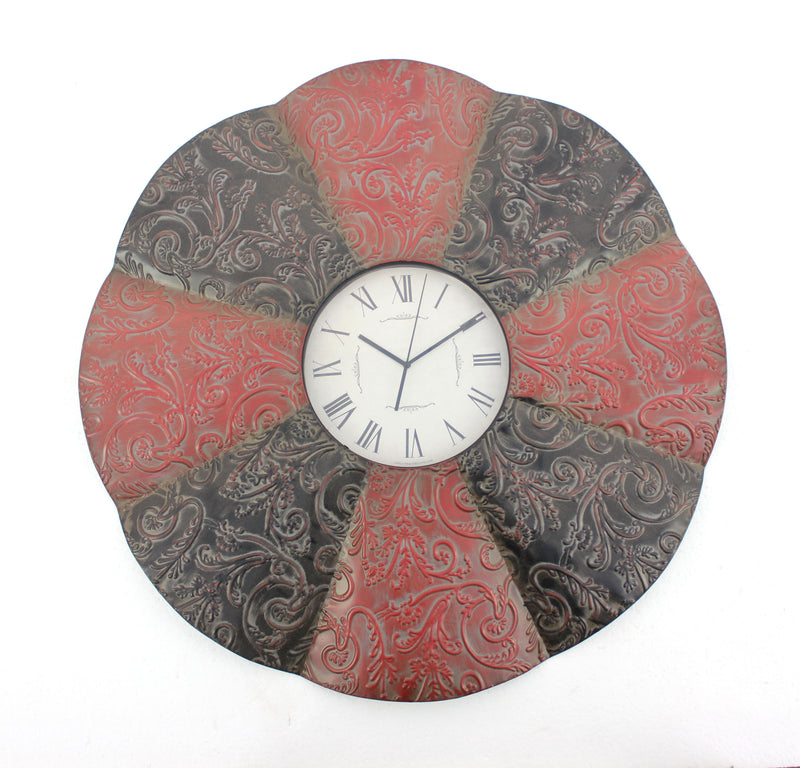 Blooming Flower Design Metal Wall Clock With Scroll Motifs Red And Black-zoom-