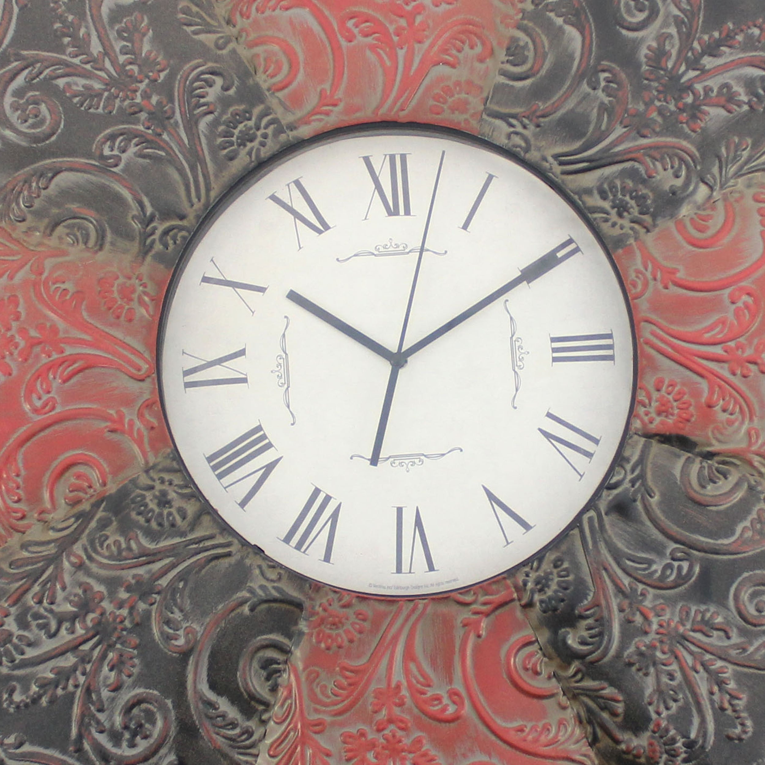 Blooming Flower Design Metal Wall Clock With Scroll Motifs Red And Black-zoom-3
