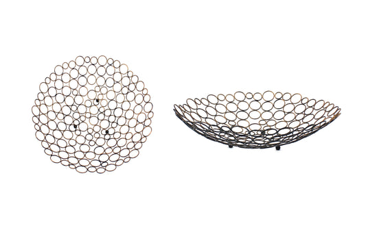 Decorative Metal Tray With Mesh Design And Ball Support Gold And Black