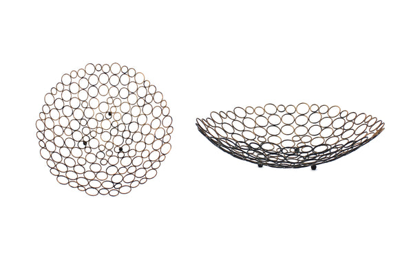 Decorative Metal Tray With Mesh Design And Ball Support Gold And Black