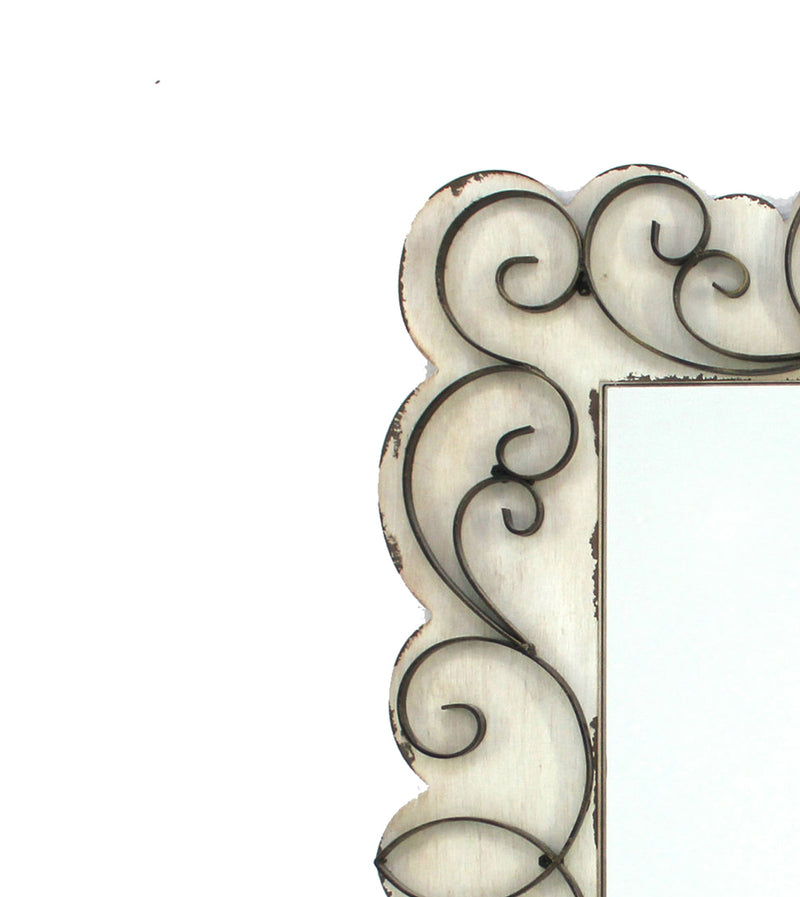 Rectangular Wall Mirror With Wooden Frame And Metal Scrolled Edges White-zoom-