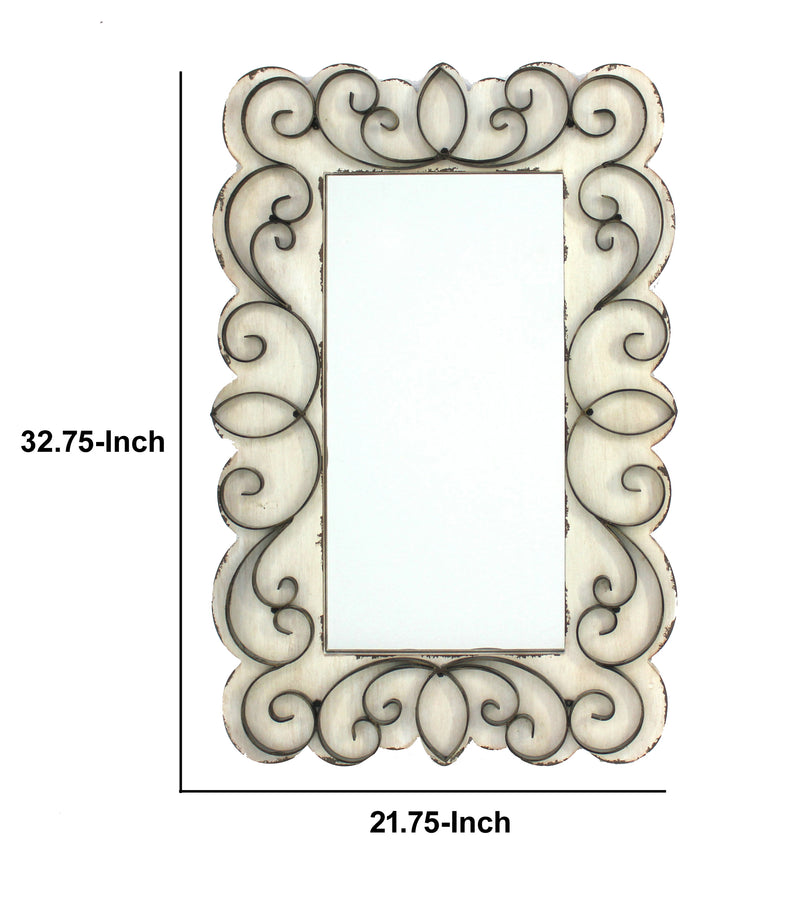 Rectangular Wall Mirror With Wooden Frame And Metal Scrolled Edges White-zoom-
