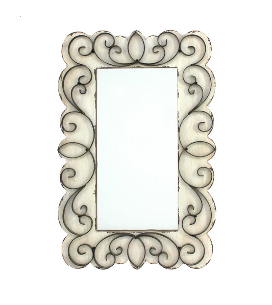 Rectangular Wall Mirror With Wooden Frame And Metal Scrolled Edges White