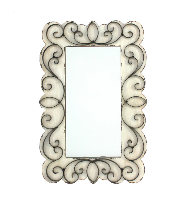Rectangular Wall Mirror With Wooden Frame And Metal Scrolled Edges White
