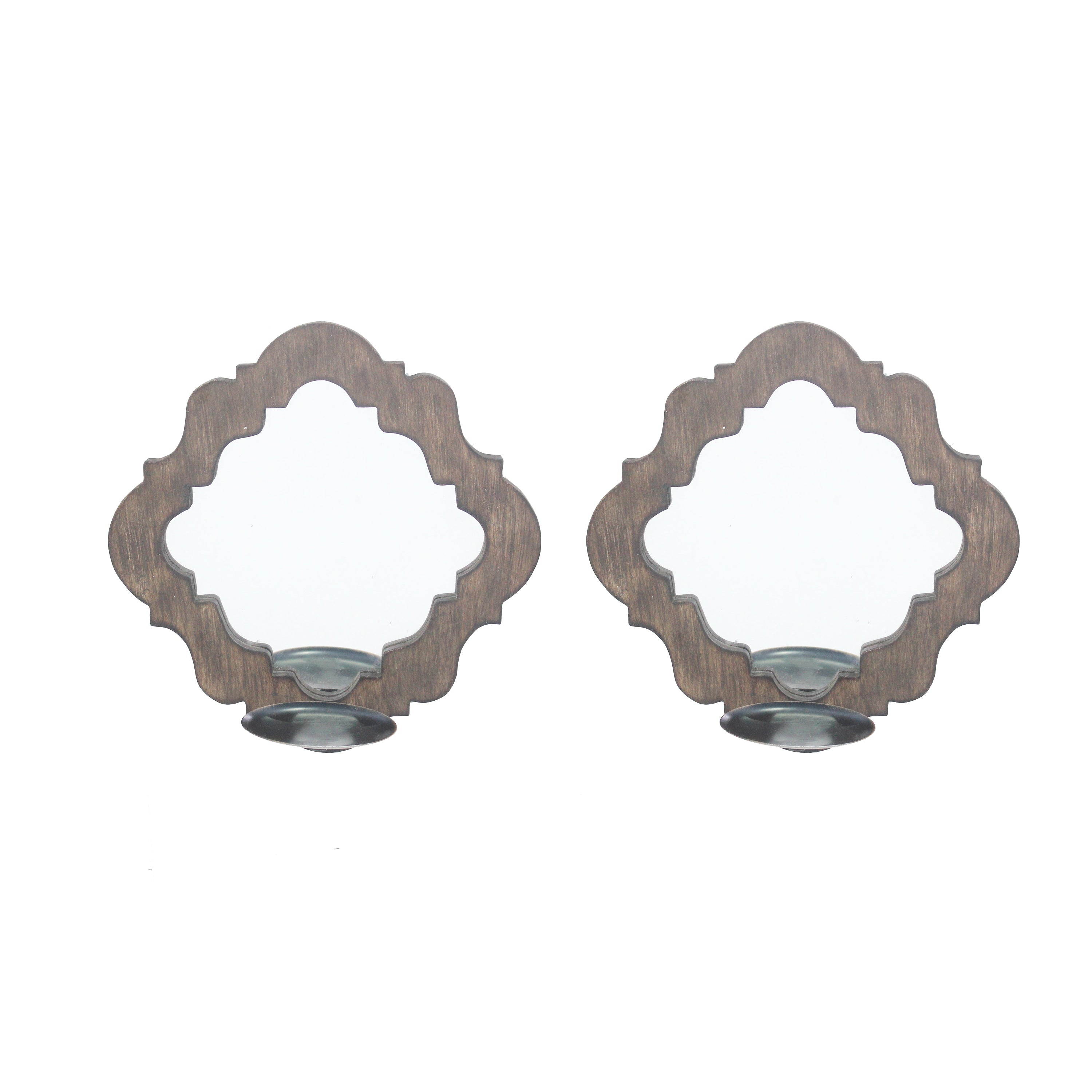 Wooden Candle Holders With Mirror And Quatrefoil Pattern Set Of 2 Brown-zoom-1