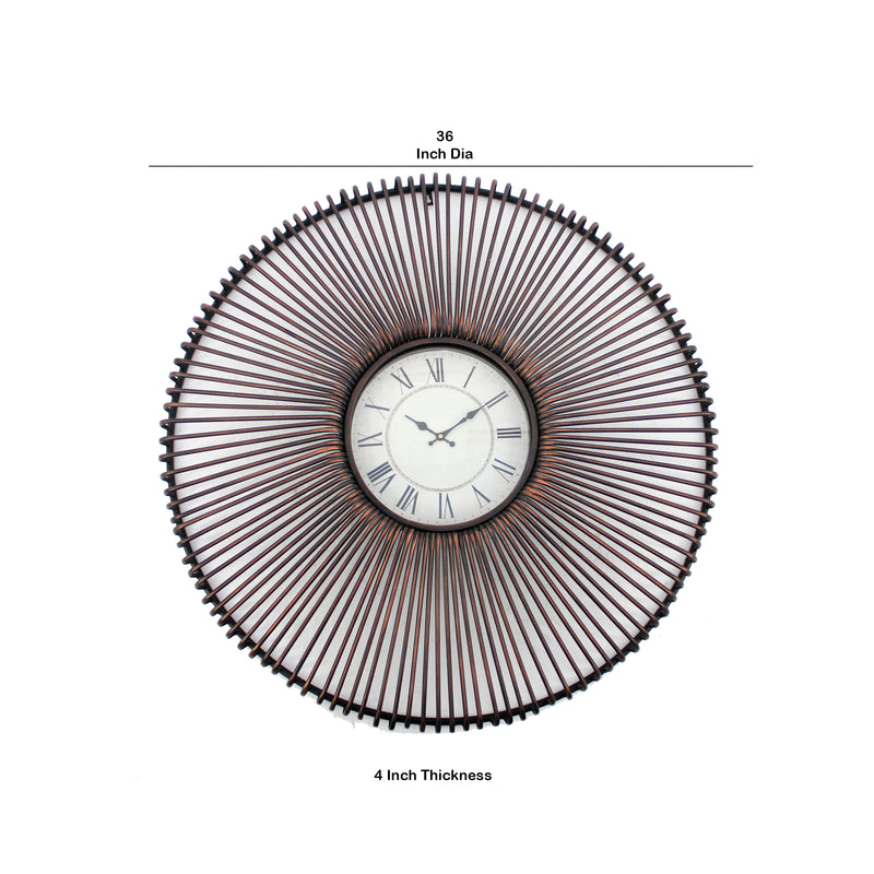 Wall Clock With Metal Fan Guard Design Frame Brown-zoom-